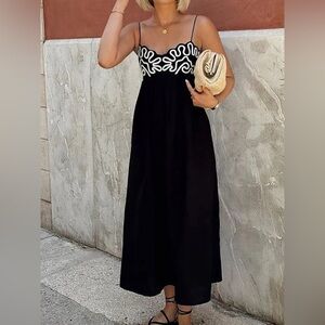 Commense Embroidered Shirred Spaghetti Strap Long Dress